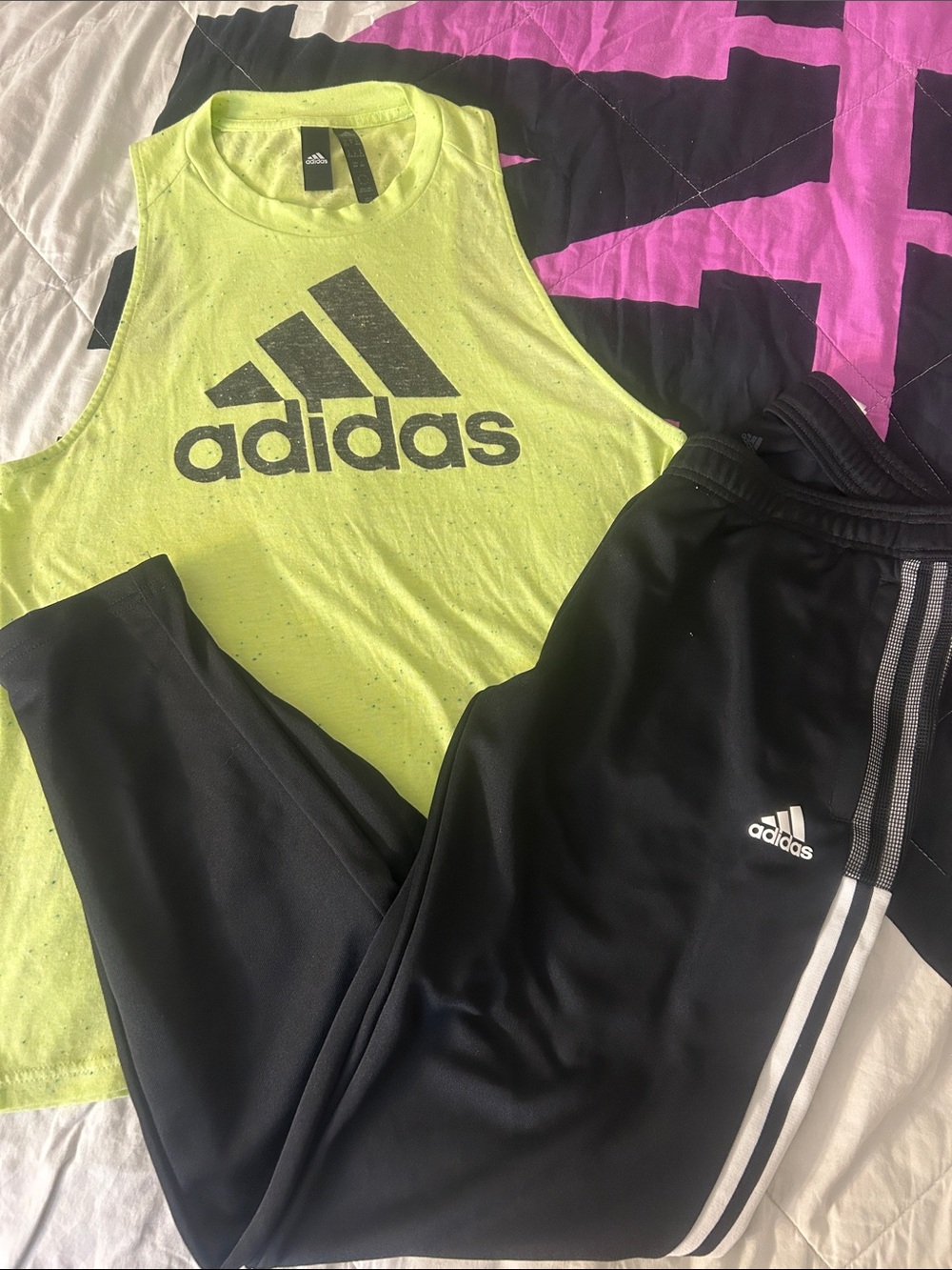 Adidas  Neon Yellow Logo Muscle Tank with Black Track Pants